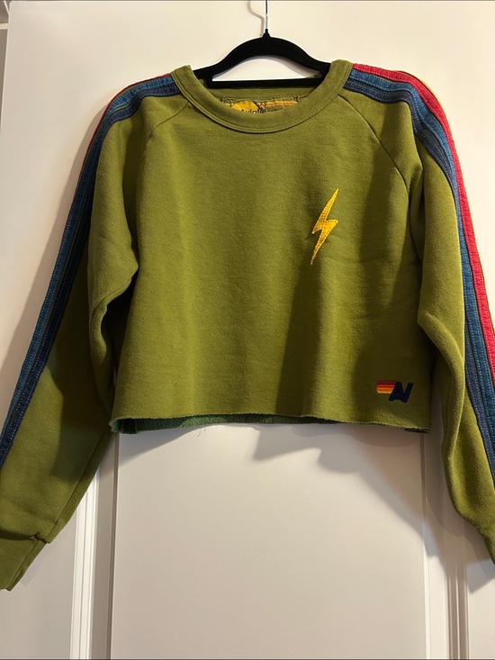 Aviator Nation Tops - Aviator Nation Olive Green Crop Sweatshirt with Rainbow Stripe Sleeves